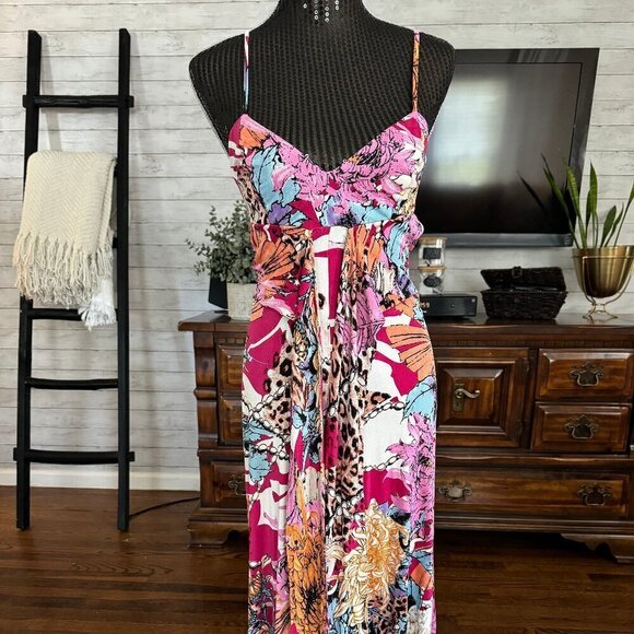 Marciano Vibrant Pink Floral Print Flowy Summer Silk Maxi Dress Size S/P - Picture 2 of 7